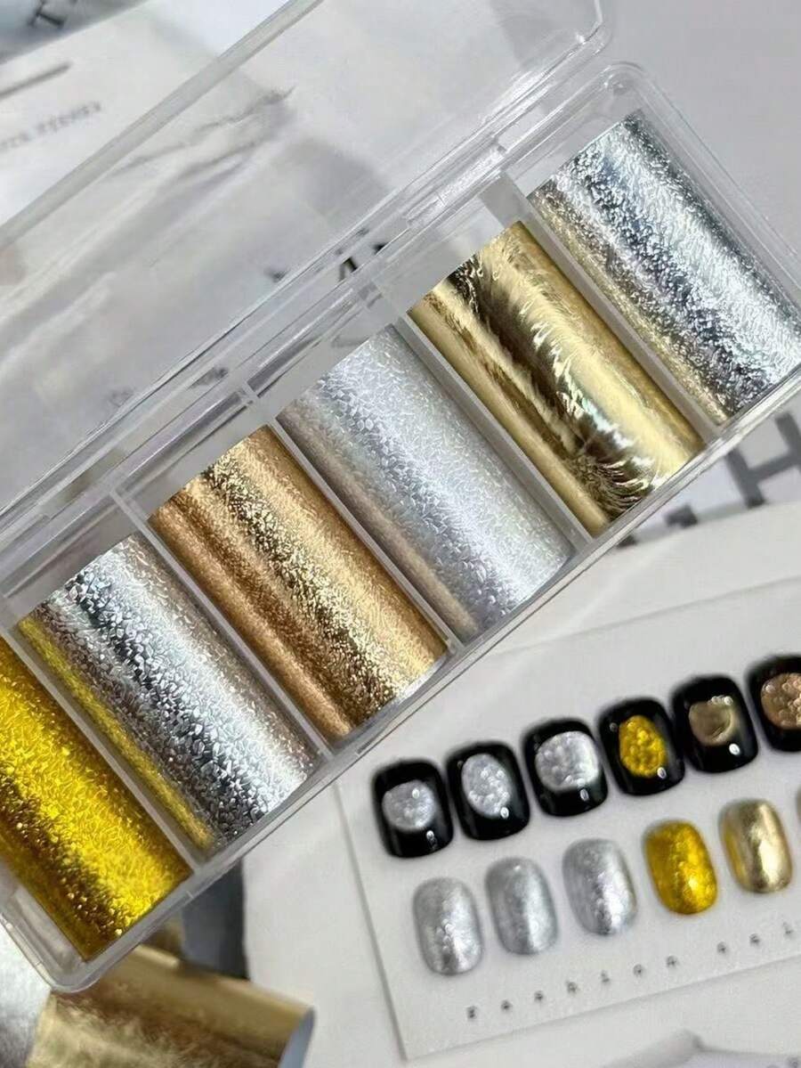 6pcs/Box Gold Metallic Nail Art Foils Transfer Stickers 3D Adhesive Decals Nail Supplies Laser Starry Sky Paper Manicure Decor Accessories For DIY Nail Art Decorations Nails - Multicolor - View 1