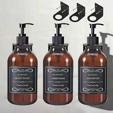 Shampoo And Conditioner Dispenser Set Wall Mount, 3Pack Refillable No Drill Shampoo Bottles For Shower With Labels 17oz Drill Free Body Wash Dispensers For Bathroom Shower Soap Bottles Black Pump - Amber - 查看 1