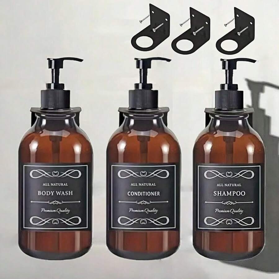 Shampoo And Conditioner Dispenser Set Wall Mount, 3Pack Refillable No Drill Shampoo Bottles For Shower With Labels 17oz Drill Free Body Wash Dispensers For Bathroom Shower Soap Bottles Black Pump - Amber - 查看 1