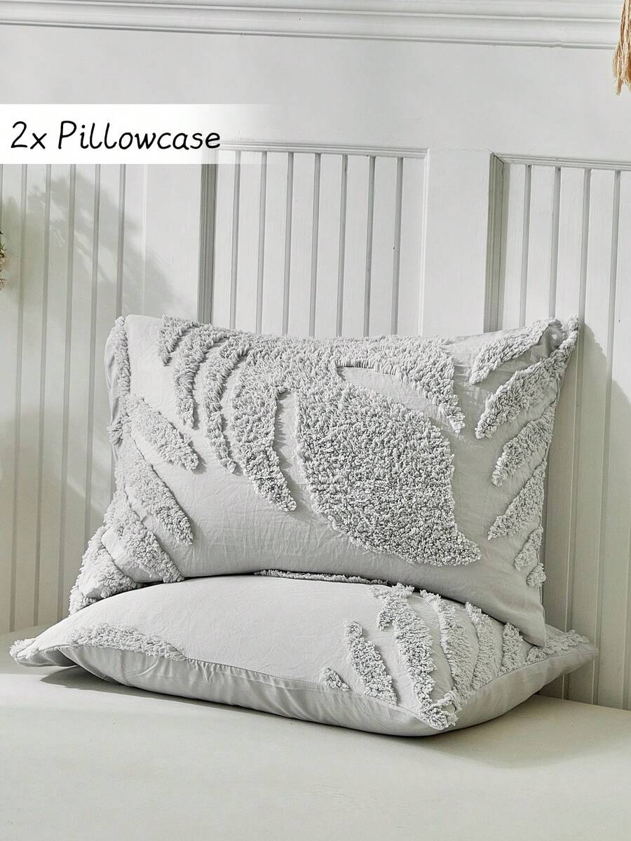 2pcs Leaf Pattern Tufted Polyester Pillowcase, Modern Farmhouse Style, Suitable For All Seasons, Soft & Breathable, Machine Washable (Pillow Insert Not Included) - Light Grey - View 1
