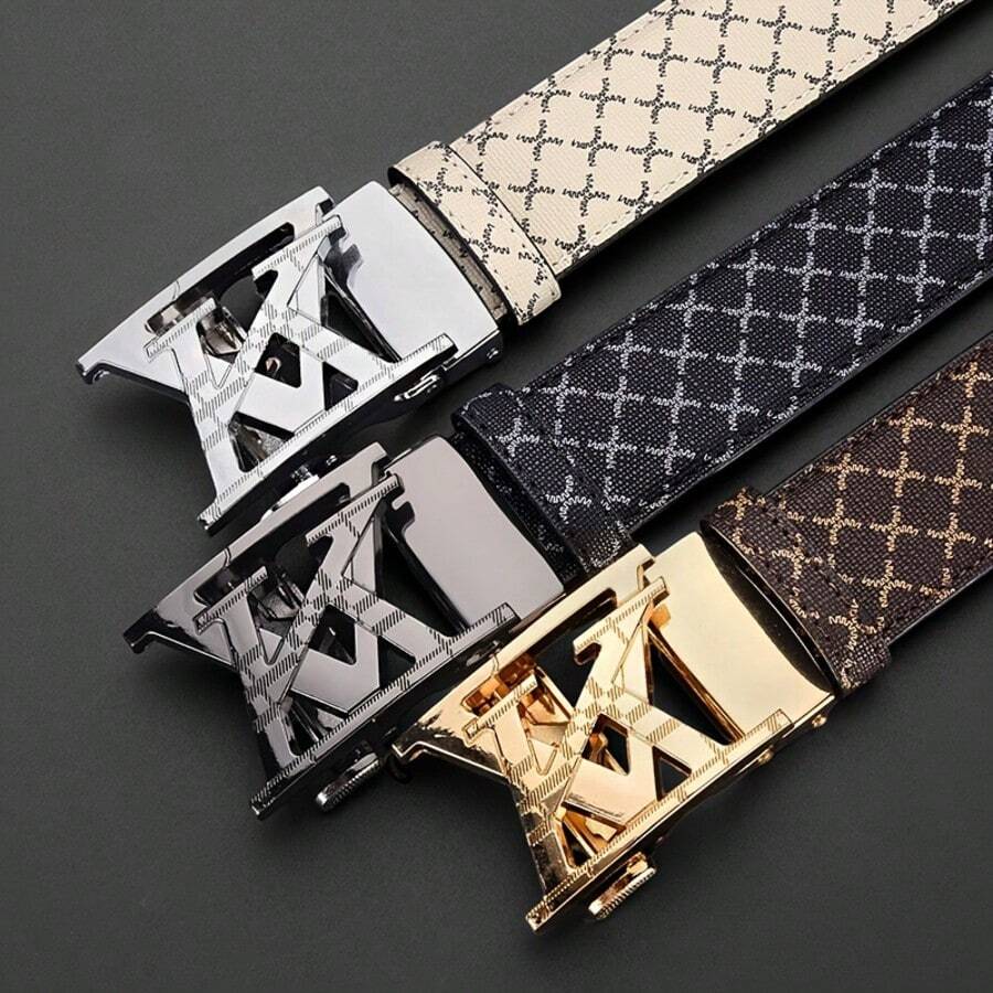 Men's Classic Letter Design Fashion Belt, Featuring Classic Letter Design Highlight, With Automatic Alloy Buckle And High-Quality PU Material, Exquisite Printing And Textured Feel. Practical And Fashionable, Suitable For Business, Casual Occasions And Important Events, Can Be Worn Daily, Also An Ideal Gift Choice For Valentine's Day And Father's Day, A Classic And Versatile Men's Belt Buckle, Meeting Men's Dressing And Gift Needs. - Multicolor - View 1