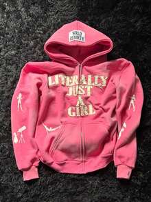 Men's Pink Zip Up Hoodie Y2K Hip Hop Streetwear Unisex 3D Patches Letter Casual Regular Fit Zipper Cardigan Outdoor Daily Wear Back To School Jacket Street Style Warm Hoodie - 粉色 - 查看 1