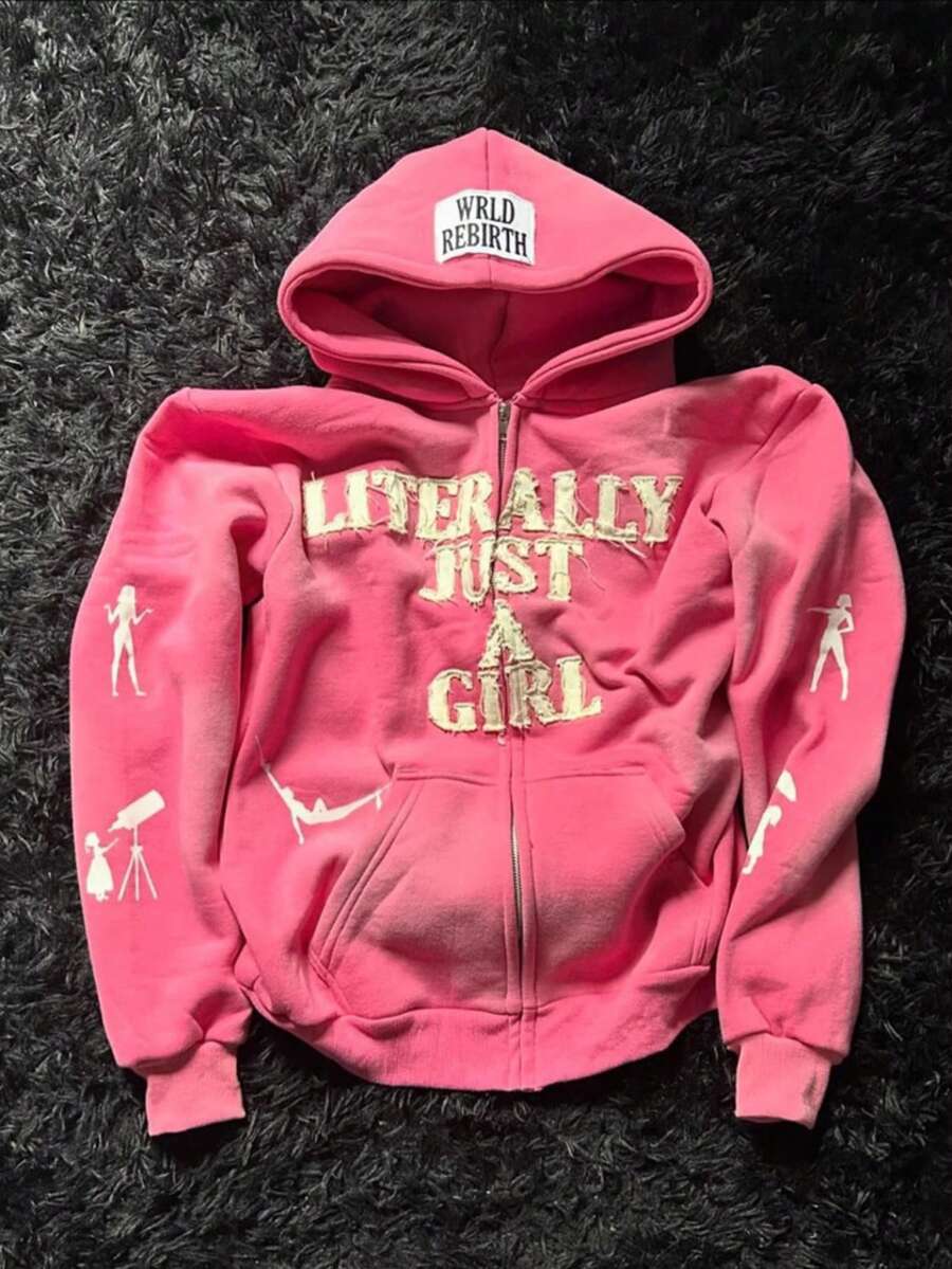 Men's Pink Zip Up Hoodie Y2K Hip Hop Streetwear Unisex 3D Patches Letter Casual Regular Fit Zipper Cardigan Outdoor Daily Wear Back To School Jacket Street Style Warm Hoodie - 粉色 - 查看 1