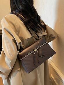 复古相机手提包、便当盒包、荔枝纹小众午餐盒包、2025秋冬高端通勤单肩腋下包、复古时尚斜挎包 - 咖啡 - 查看 3