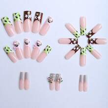 A Box Of 24 Fake Nails Colored Cartoon Monkeys, Stars, Explosions, Flashes, Broken Diamonds, Cherries, Long Trapezoidal Nails, Removable And Reusable Armor, Daily Wear And Add A Sense Of Atmosphere. - Bộ móng nghệ thuật Pink Monkey Star Long Nail Art - 1 hộp - Xem 2