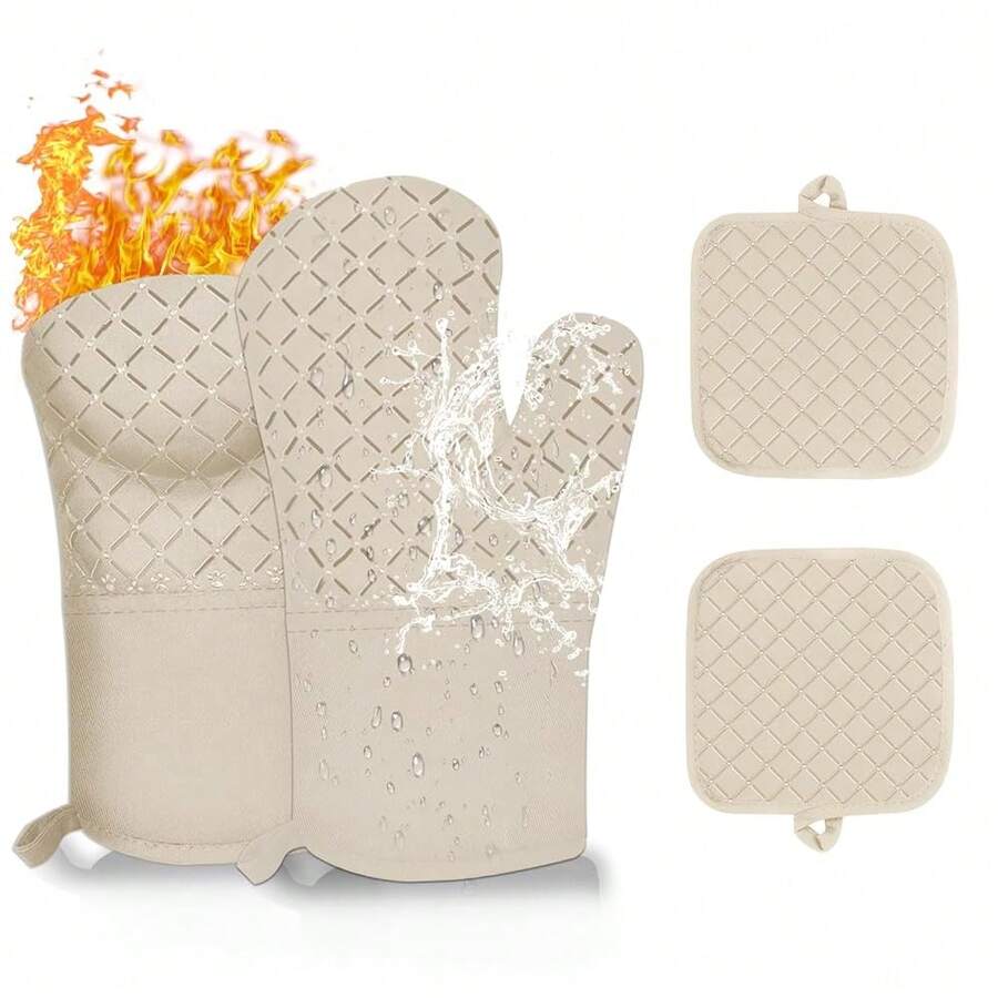 4PCS Oven Mitts And Pot Holders Sets 500F Pot Holders For Kitchen Heat Resistant Oven Gloves Anti-Slip Silicone Stripe Oven Mitts Heat Resistant Hot Pads Oven Mits Potholders For Kitchens (Khaki),4pcsKhaki - 4件卡其色 - 查看 1