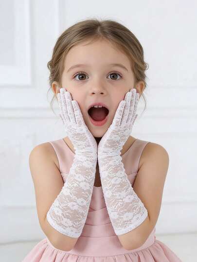 1 Pair Children's Floral Lace Princess Gloves - Breathable Soft Long Opera Gloves, Suitable For Flower Girls, Weddings, Bridal Parties, Birthday Tea Parties (Spring/Summer)