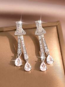 1对精致领结水滴吊坠耳环，优雅立方氧化锆时尚耳环，适合女性订婚、婚礼、生日派对等场合佩戴，铜质首饰 - 白色 - 查看 8
