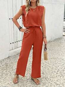 Women's Fashionable Round-Neck Short-Sleeved-Shirt With Side Pocket And Sporty Pants, Spring/Summer Style - 紅色 - 查看 10