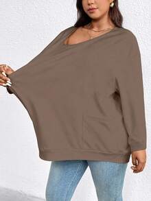 Camiseta casual de talla grande de unicolor con doble bolsillo, adecuada para usar en primavera y otoño, camiseta casual diaria y para el hogar para mujeres - Camel - Ver 5