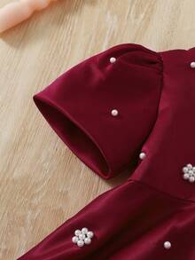 1pc Baby Girls' Beaded Decor Round Neck Puff Sleeve Short Dress, Suitable For Spring/Summer - Burgundy - View 5