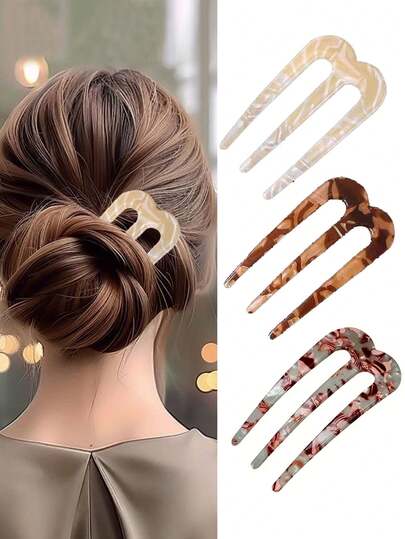 Retro eleganta kinesiska jadegröna dubbla U-formade hårnålar - marmorerade och sköldpaddsmönster, högkvalitativa plasthårspännen för kvinnor, mångsidiga håraccessoarer för uppsatt hår, vardagliga och formella evenemang