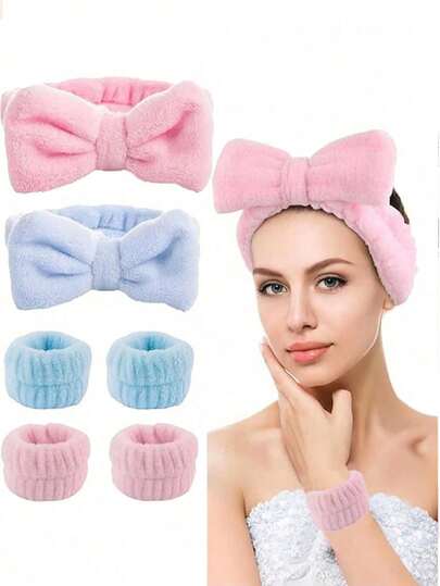 3pcs Solid Color Fluffy Facial Headband, Bow Headband, Headband + Wristband Set, Absorbent Headband And Wristband, Reusable Spa Headband And Wrist, Plush Headband, Yoga Headband, Adjustable Headband For Facial Makeup, Sweatband For Yoga And Sports, Suitable For Women Washing And Moisturizing, Holiday Gift