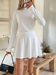 Conjunto de Vestido Corto y Top de Manga Larga para Mujer, Estilo Casual de Vacaciones, Ideal para Otoño e Invierno - Blanco - Ver 7