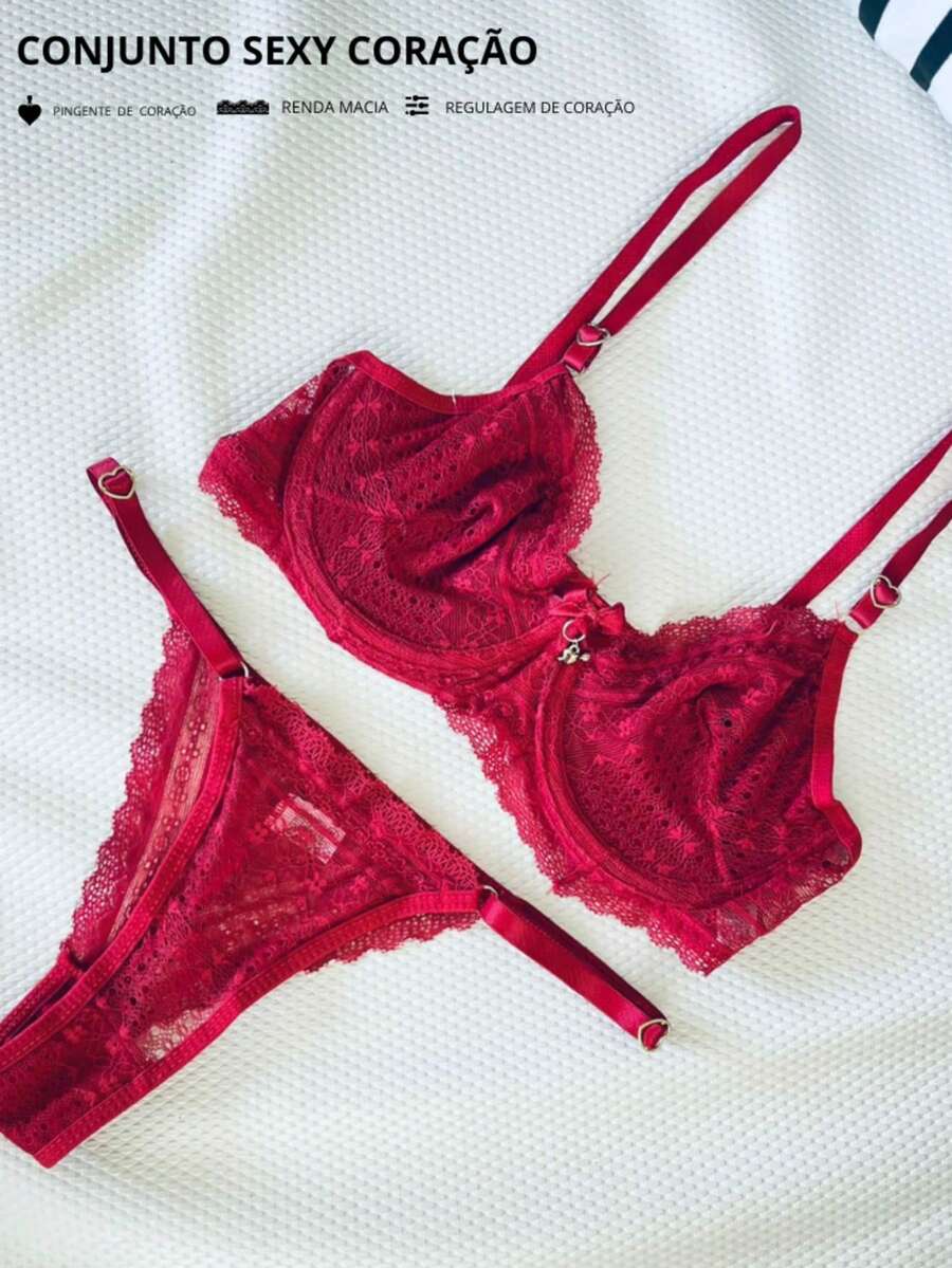Sexy Women's Lace Lingerie Set With Underwire And Heart Pendant, Lace, No Padding - 紅色 - 查看 1