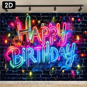 Pancarta de plano 2D, 1 "Feliz cumpleaños" neón brillante Fondo de tela para fiesta - Con globos de colores y patrones de estrellas, adecuado para decoración del hogar y cabina fotográfica, pancarta de fiesta portátil | Tema de cumpleaños colorido | Impresión HD.