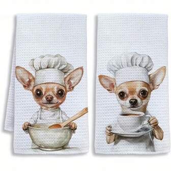Funny Chef Chihuahua Design Kitchen Towel Gift, Super Absorbent Cartoon Pattern, Machine Washable Reusable Hand Towel For Home, Kitchen, Bathroom, Car, Window Cleaning - Soft Knitted Dish Cloth