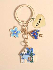 1PC [Customized] Mushroom Cottage Flower Drip Oil Love Keychain, Cute Keychain, Customizable Name, Family Keychain, Romantic Fairy Tale Wind Car Bag Pendant, Gift For Girlfriend, Valentine's Day Gift, Personalized Gift - Multicolor - View 7