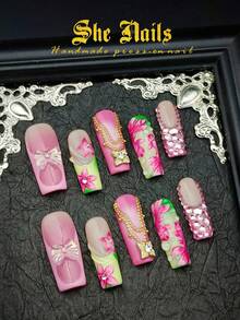 Gorgeous Cute Baroque Valentine's Day Y2K Shiny Nail Art Set, Includes 10pcs Red, White, Pink, Black, Red, Shiny Floral Pattern Handmade Acrylic Press-On Nail Strips Nails - Hồng - Xem 1