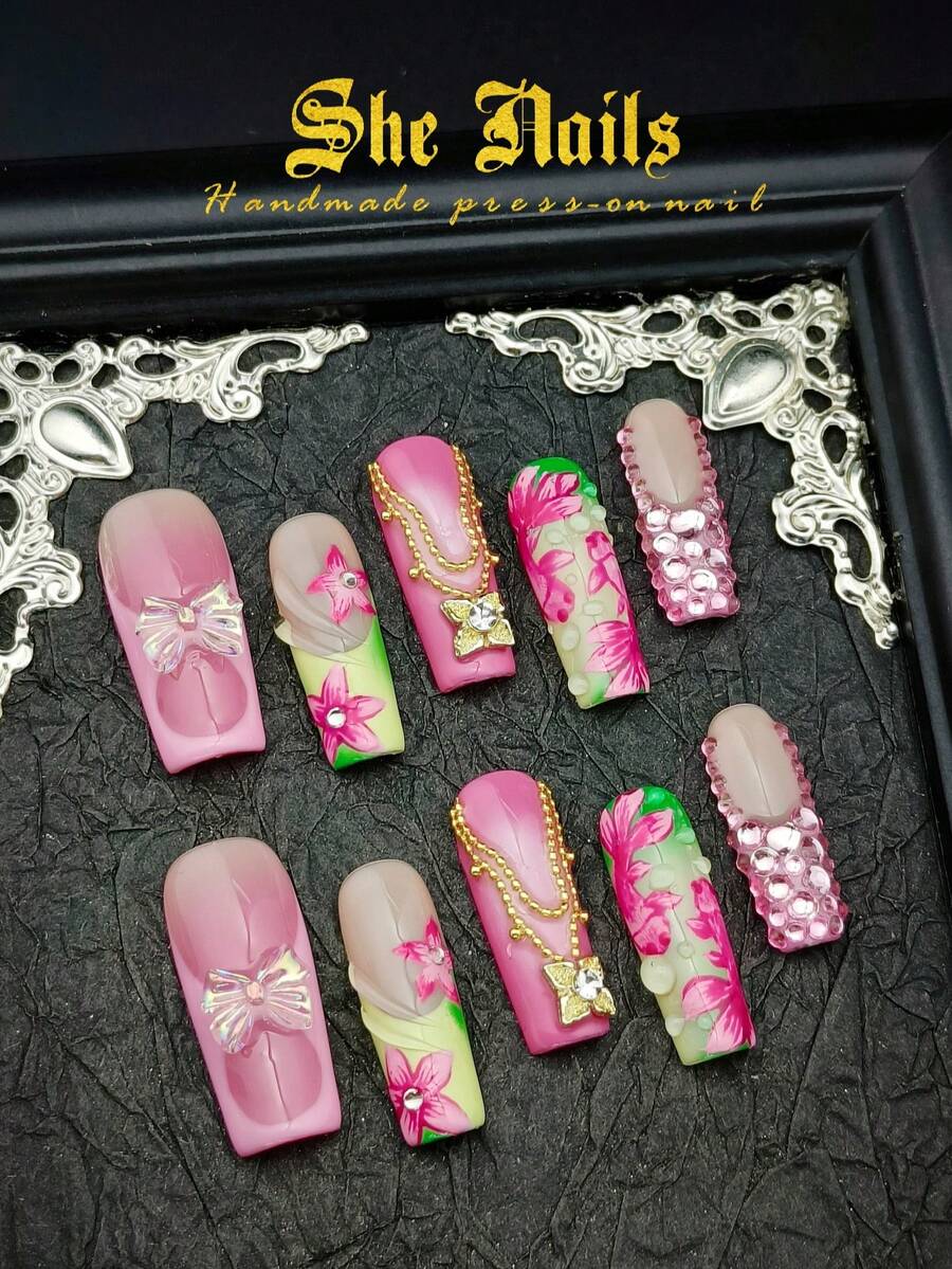 Gorgeous Cute Baroque Valentine's Day Y2K Shiny Nail Art Set, Includes 10pcs Red, White, Pink, Black, Red, Shiny Floral Pattern Handmade Acrylic Press-On Nail Strips Nails - Hồng - Xem 1