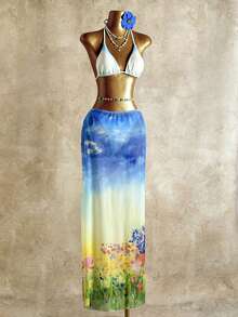 Bonvoyette 女士三件套渐变印花挂脖比基尼+扎染印花罩衫沙滩度假两件套泳装 - 彩色 - 查看 10