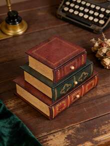 1pc Wooden Storage Box, 3-Tier Book-Shaped Desktop Drawer Storage Box, Retro Painted Wooden Jewelry Box, Photography Prop, Desktop Decor Art Supply - Multicolor - View 8