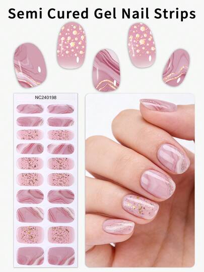 20pcs Pink Marble Pattern Semi-Cured Gel Nail Strips - Spring/Summer Golden Glitter UV Gel Nail Wraps - Nail Stickers Perfect For Ladies' Dates, Parties, And Home DIY Nails Nail Supplies