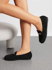 Women Suede Loafers Flats Slip On Lightweight Arch Support Work Shoes With Chic Metal Detail Comfortable Walking Casual Versatile Loafers - 黑色 - 查看 2