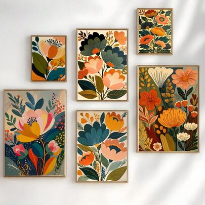 1/6PCS Bohemian Wildflower Wall Art Print ,Mid Century Coral Orange Navy Botanicals,Boho Floral Illustration ,Abstract Botanical Flower,Canvas Art Wall, Room Posters, Home Decoration, Room Decoration Items, Bedroom, Kitchen, Living Room, Corridor Decoration, Optional Frames