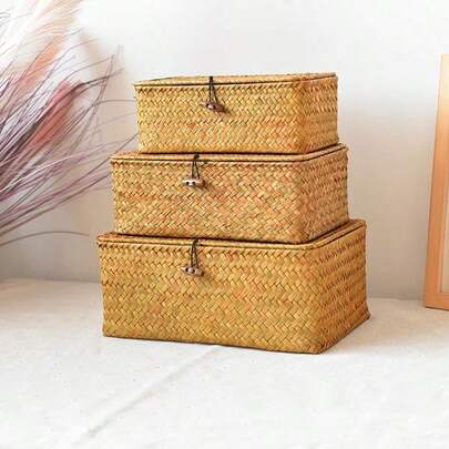 1pc/3pcs Handmade Seaweed Woven Storage Box,Personalized Gift Box,Solid Color Desktop Storage Basket ,Rope Woven Baskets For Organizing,New Year Gift Packaging,Woven Oval Basket Organizer Container