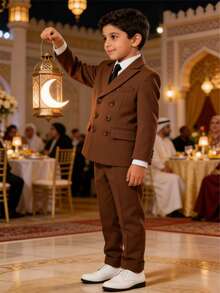 Setelan Jas Pria Tampan untuk Anak Laki-Laki, Blazer Kancing Ganda + Celana + Dasi, 3 Potong, Pakaian Formal untuk Pernikahan, Pertunjukan, dan Pesta Anak Laki-Laki - Coklat - View 2