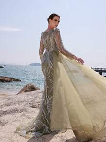 DELLA COUTURE Luxury Heavy-Embellished V-Neck Beaded Olive Green Mermaid Evening Gown With Unique Single-Side Mesh Design, Long Floor-Length Embellished Beaded Heavy-Embellished Evening Gown Ideal For Banquets, Proms, Parties, Weddings And Formal Occasions - Olive Green - View 6