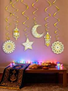 Kumozawa 6pcs Eid Mubarak & Ramadan Decorations Set - Swirl Banners, Star & Moon Lights, Paper Ceiling Hangings, Ramadan Kareem Islamic Ramadan Party Decor, Ramadan Blessing Decoration, Eid Mubarak Decoration, Ramadan Home Decor, Eid Al-Adha Decoration, Ramadan Gift, Suitable For Room, Garden, Multi-Purpose,Room Decoration, Living Room Decoration, Bedroom Decoration,Ramadan Decorations - Multicolor - View 2