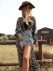 一件波西米亚风优雅印花针织沙滩罩衫，适合海滩、度假村、舞台表演、乡村音乐节、春夏假期等场合。 - 混合色 - 查看 4