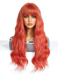 Tóc giả dài 26 inch màu cam cháy, xoăn nhẹ, có mái, được làm từ chất liệu sợi mờ chịu nhiệt cao, kèm mũ lưới hoa hồng, vẻ ngoài tự nhiên, thoải mái và thoáng khí khi đội, nhẹ, phù hợp cho các lễ hội âm nhạc và sử dụng hàng ngày. - Màu Cam cháy - Xem 4