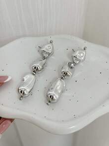 1 Pair Vintage Asymmetric Water Drop Tassel Earrings, Minimalist Exaggerated Beaded Dangle Earrings, Charming Earrings For Women - Silver - View 8