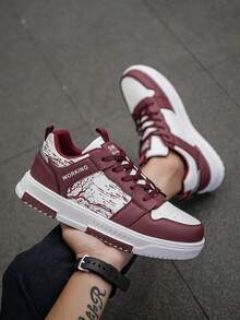 Męskie nowe, retro, kolorowe, podwyższone, codzienne, sportowe buty trekkingowe, sznurowane, z modnym wzorem litery i gałęzi, na deskorolkę, unisex - Burgund - Zobacz 2