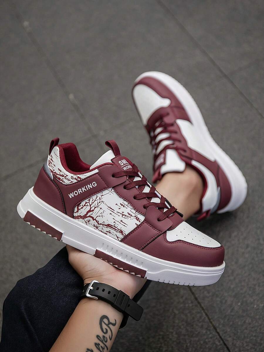 Męskie nowe, retro, kolorowe, podwyższone, codzienne, sportowe buty trekkingowe, sznurowane, z modnym wzorem litery i gałęzi, na deskorolkę, unisex