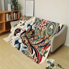 1pc Traditional Japanese Kimono & Wave Design Throw Blanket - Soft Polyester, All-Season Comfort For Sofa, Bed & Chair Decor, Cozy Home Accent|Artistic Kimono Design|Polyester Knit Blanket 30*40inches Blanket - 彩色 - 查看 2