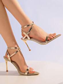 Sandalias de tacón alto con correa plateada para mujeres, diseño exclusivo y de alta gama - Dorado - Ver 2