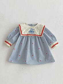 1件女童蓝色条纹刺绣帆船和爱心印花休闲连衣裙，时尚少女款，春季款 - 淺色水洗藍 - 查看 9