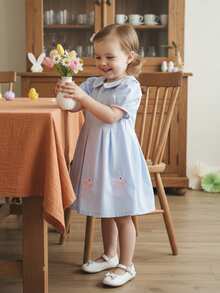 Vestido de Pascua para niña pequeña, primavera y verano, con bordado de conejito, cuello de muñeca, mangas cortas, corte A, ropa bonita para festivales, ideal para 12 meses a 5 años. - Azul - Ver 3