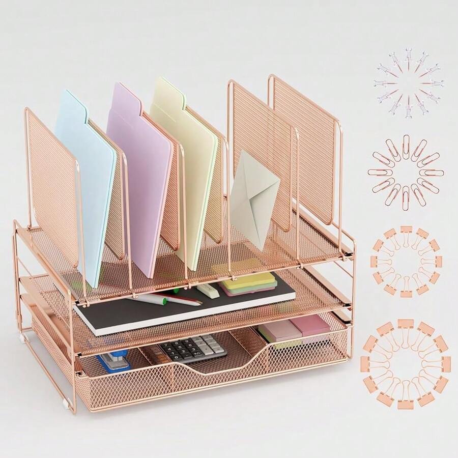Rose Gold Desk Organizer, Office Organization With Vertical File Holder, File Organizer With Drawer And Office Supplies, Desk Accessories And Workspace Organizers (Rose Gold) - RoseGold - View 1