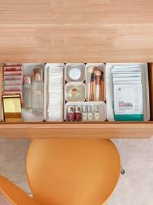 1pc White Plastic Storage Box, Drawer Organizer Set, Multi-Function Bathroom Vanity Drawer Organizer Tray, Cosmetic Storage Box, Bedroom, Kitchen Small Tools And Office Supplies Storage Box - White - View 7