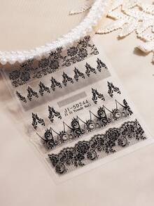 2片装黑色蕾丝美甲贴纸，浮雕婚礼设计美甲贴花，花瓣性感复古蕾丝美甲用品，DIY美甲装饰贴纸 - 黑色 - 查看 4