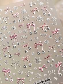 1件冬季粉色雪花蝴蝶结浮雕甜美丝带雪花水晶5D美甲贴纸浪漫冰霜美甲贴花自粘美甲装饰，适合女孩和女性