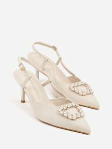 Sandalias de tacón alto con hebilla de circonita - Beis - Ver 5