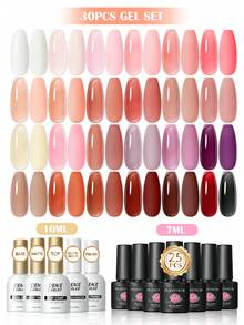 peacecolor 30支装果冻凝胶指甲油套装，包含10毫升指甲脱水剂、底油和亮油，共25种颜色，包括白色、粉色、棕色、紫色等透明果冻凝胶指甲油，适合女性美甲沙龙DIY及日常美甲设计 - 彩色 - 查看 1