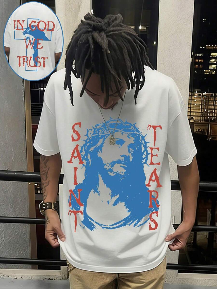(Double-Sided Printing) Jesus Printed 100% Pure Cotton Fabric - Comfortable And Vibrant Summer Street Style Short Sleeved T-Shirt, Cool Design Retro Summer Unisex Daily Wear T-Shirt, Spring Outfit, Tunic Top, Black Top, Autumn Outfits, Summer Outfit - 白色 - 查看 1