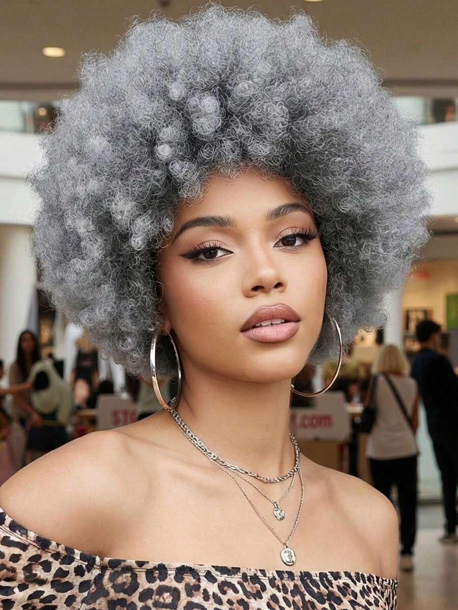 Tóc giả xoăn xù Afro mật độ cao 12 inch - Tóc ngắn kiểu bob có mái, lưới hoa hồng, màu đen tự nhiên, phù hợp để đội hàng ngày, tạo kiểu bảo vệ, lọn tóc bồng bềnh, mũ đội chắc chắn, lý tưởng cho người bận rộn, thay đổi kiểu tóc nhanh chóng, cần thiết cho Halloween và du lịch, phong cách Y2K, tạo vẻ ngoài sang trọng cho kỳ nghỉ, dành cho phụ nữ. - Xám - Xem 1